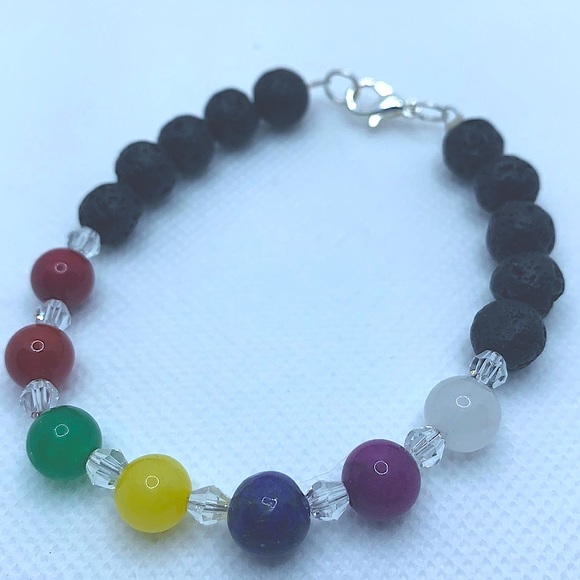 Handmade Semiprecious Stone Lava Stone Chakra Bracelet 7.5” Silver Plated NWOT - Picture 3 of 5